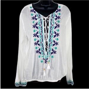 ONDADEMAR embroidered floral lace up top NEW